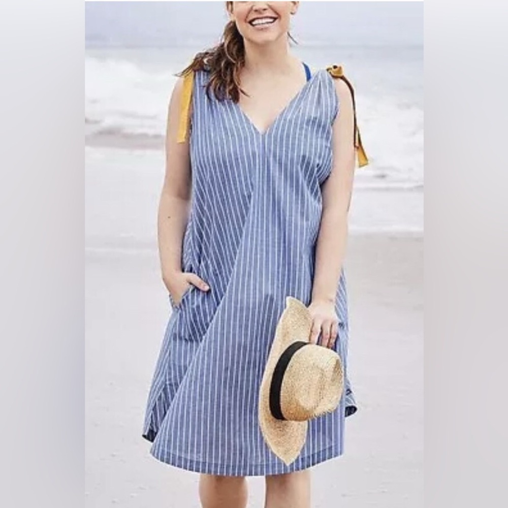 Matilda Jane Sandy Seashell Stripe Tie Shoulder Dress Pockets Beach Resort Small